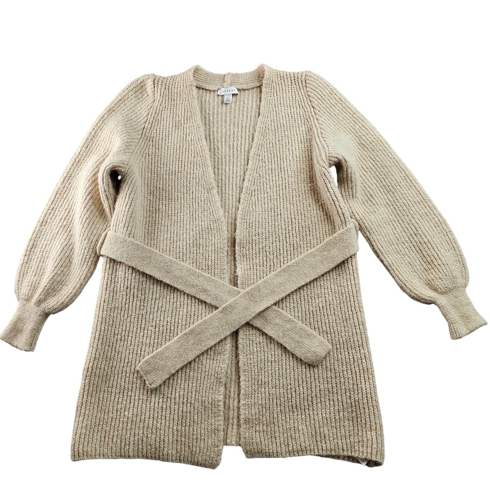 Topshop Cardigan Sweater WomenUS 0-2 Beige Wool Blend Belted Blouson Sleeve Knit